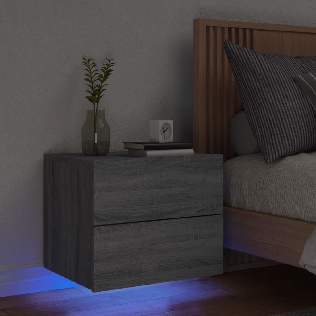 vidaXL væghængt sengebord med LED-lys grå sonoma-eg