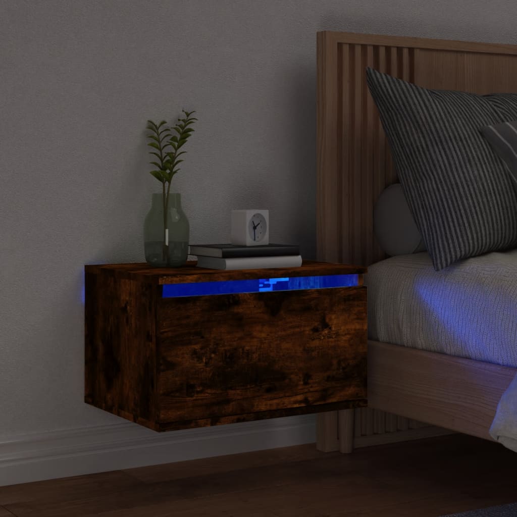 vidaXL væghængt sengebord med LED-lys røget egetræsfarve