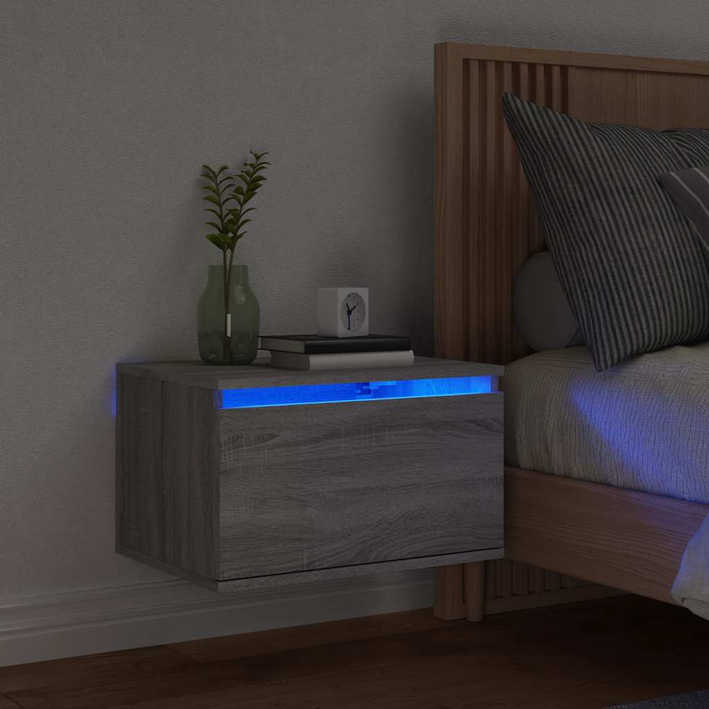 vidaXL Noptieră montată pe perete cu lumini LED, sonoma gri