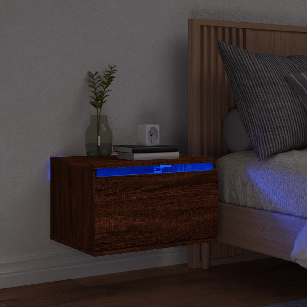 vidaXL væghængt sengebord med LED-lys brun egetræsfarve
