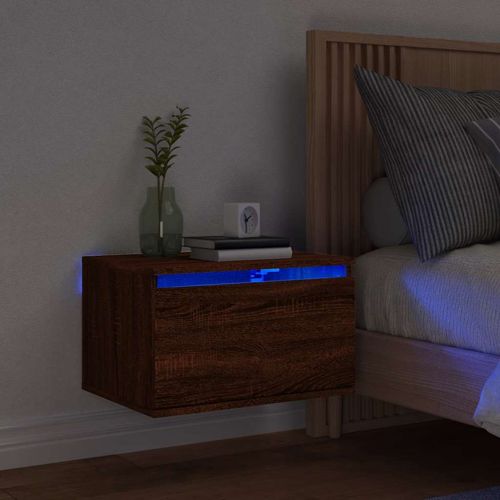 vidaXL Wand-Nachttisch mit LED-Leuchten Braun Eichen-Optik