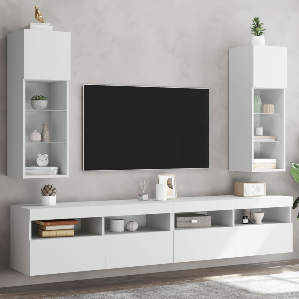 vidaXL Comode TV cu lumini LED, 2 buc., alb, 30,5x30x90 cm