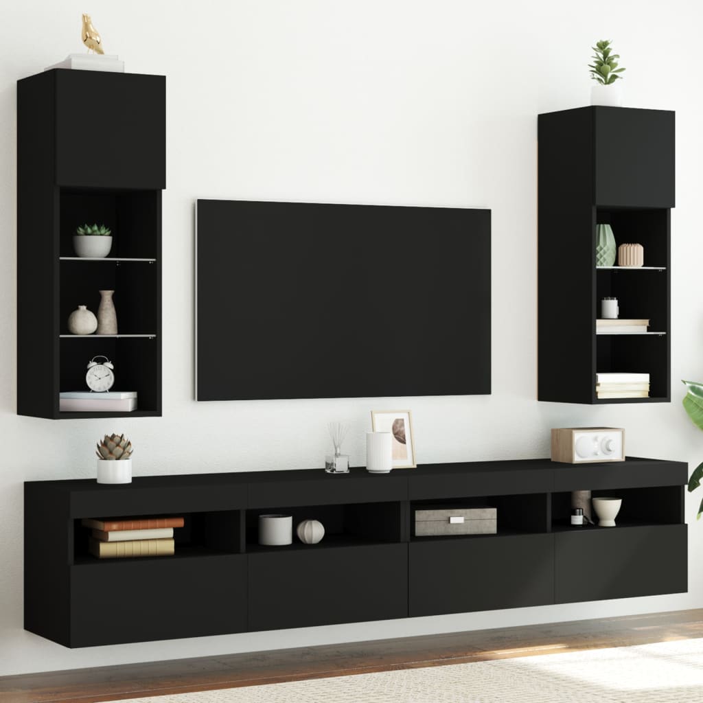 vidaXL Comode TV cu lumini LED, 2 buc., negru, 30,5x30x90 cm