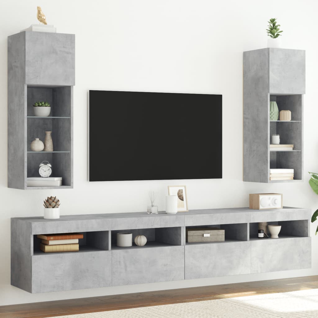 vidaXL Comode TV cu lumini LED, 2 buc., gri beton, 30,5x30x90 cm