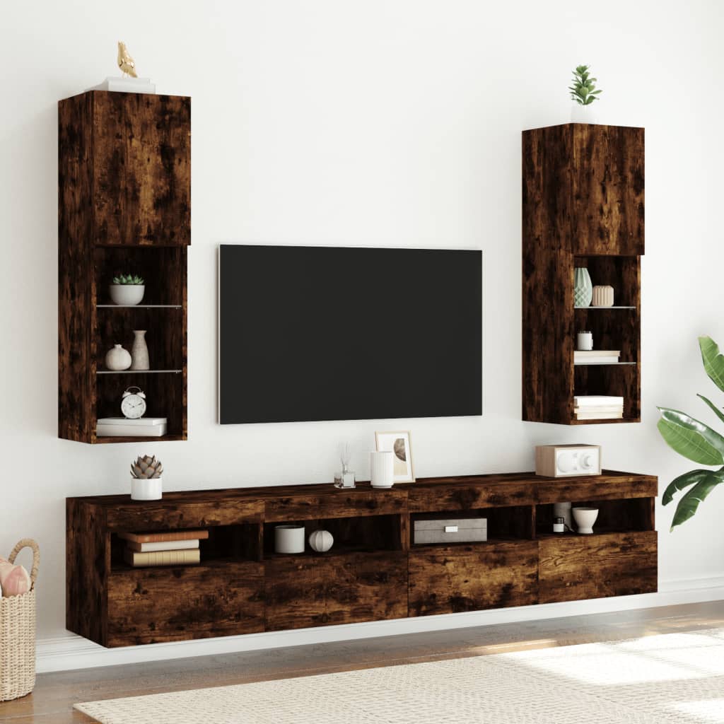 vidaXL Comode TV cu lumini LED, 2 buc., stejar fumuriu, 30,5x30x102 cm