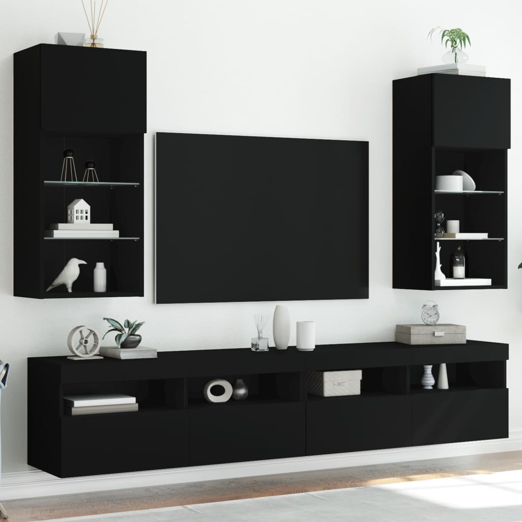 vidaXL TV-Schränke mit LED-Leuchten 2 Stk. Schwarz 40,5x30x90 cm