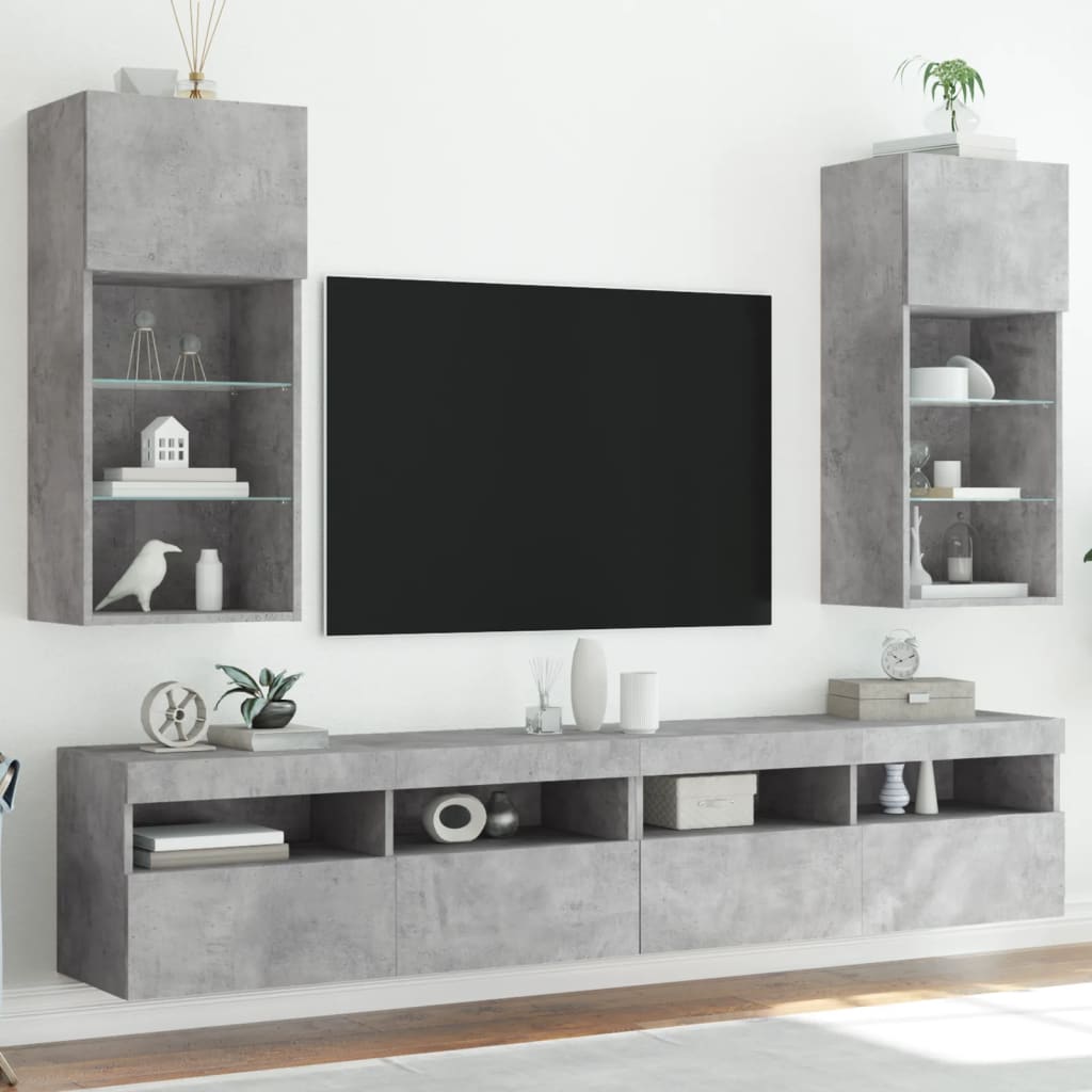 vidaXL Comode TV cu lumini LED, 2 buc., gri beton, 40,5x30x90 cm
