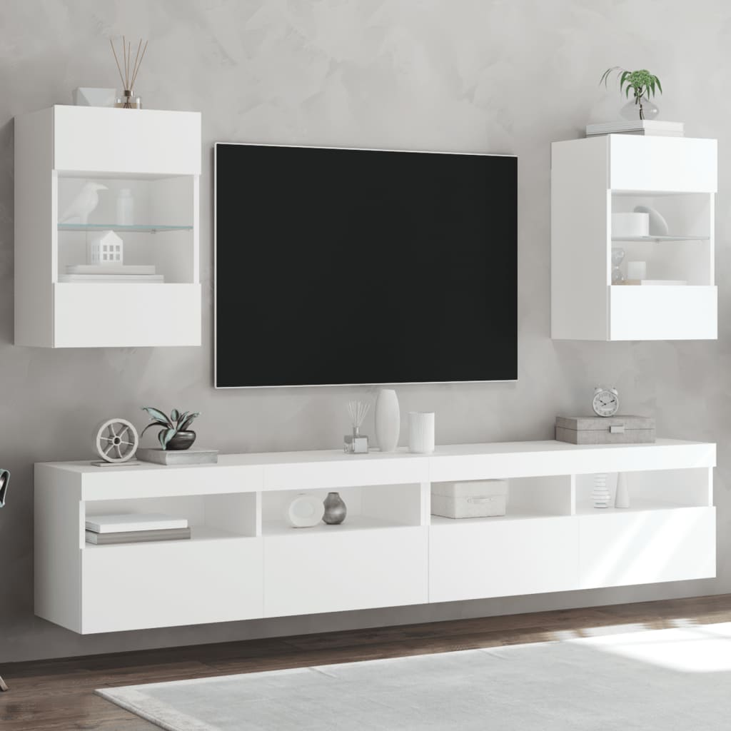 vidaXL Comode TV de perete cu lumini LED, 2 buc., alb, 40x30x60,5 cm