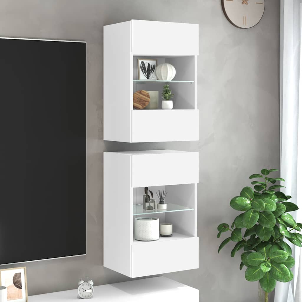 vidaXL Comode de perete cu lumini LED pentru TV, 2 buc., alb, 40x30x60,5 cm