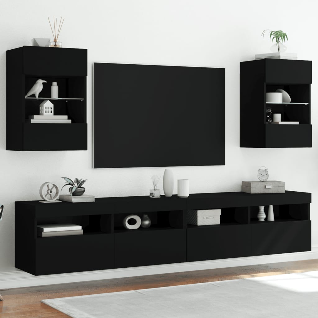 vidaXL Comode TV de perete cu lumini LED, 2 buc., negru, 40x30x60,5 cm