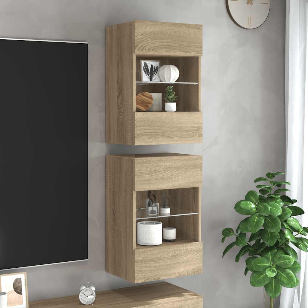 vidaXL Comode de perete cu lumini LED pentru TV, 2 buc. stejar sonoma, 40x30x60,5 cm