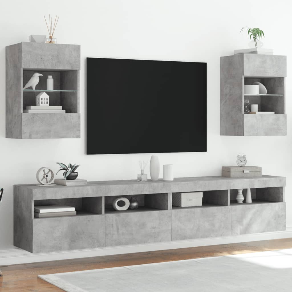 vidaXL Comode TV de perete cu lumini LED 2 buc. gri beton 40x30x60,5cm