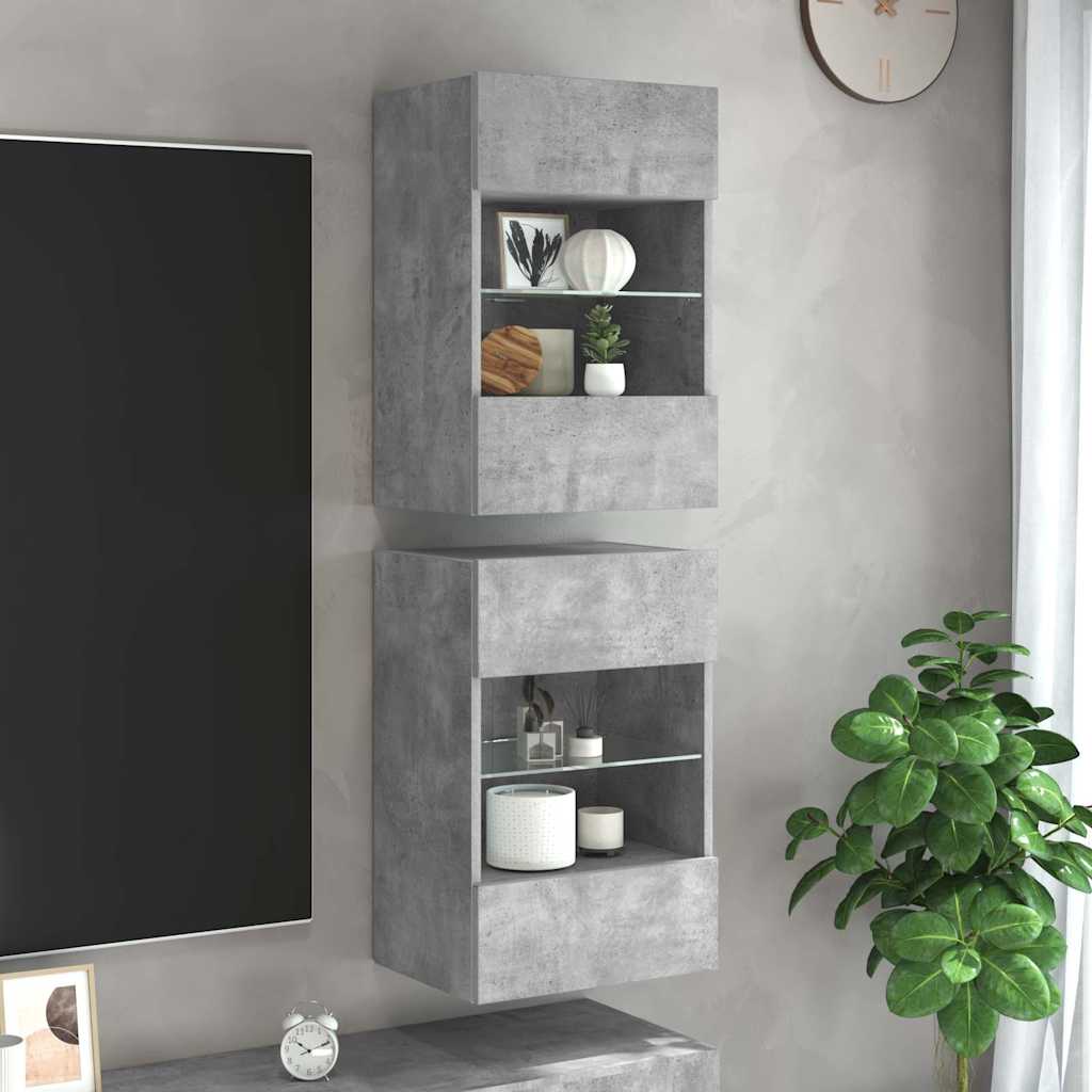 vidaXL TV-Wandschränke mit LED-Leuchten 2 Stk. Betongrau 40x30x60,5 cm