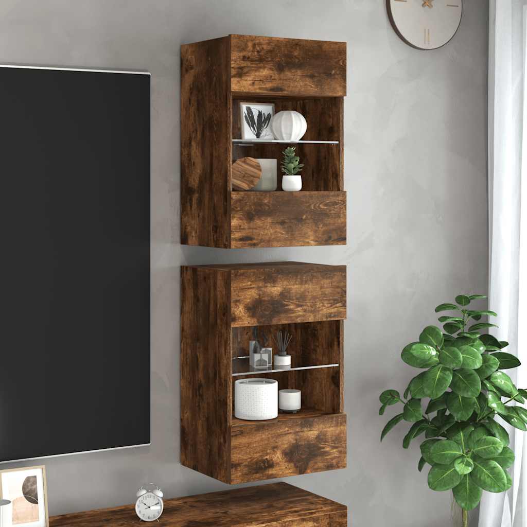 vidaXL Comode de perete cu lumini LED pentru TV, 2 buc. stejar fumuriu, 40x30x60,5cm