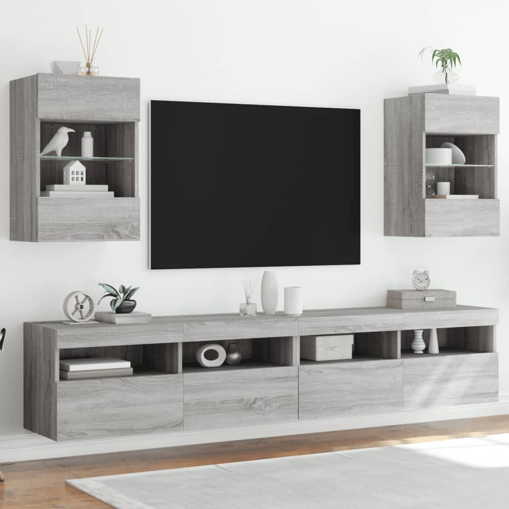 vidaXL Comodă TV de perete cu LED, 2 buc, gri sonoma, 40x30x60,5 cm