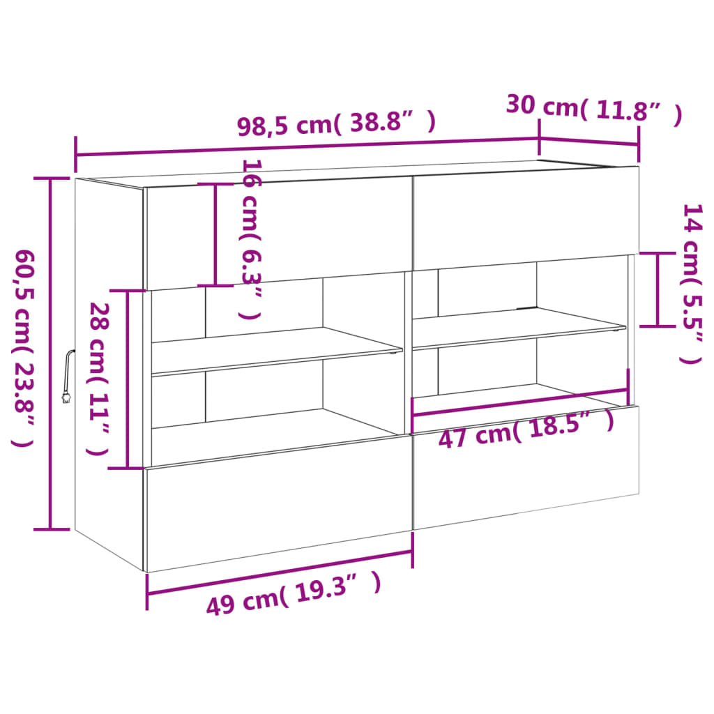 Nástěnná TV skříňka s LED osvětlením dub sonoma 98,5x30x60,5 cm - obrázek 17