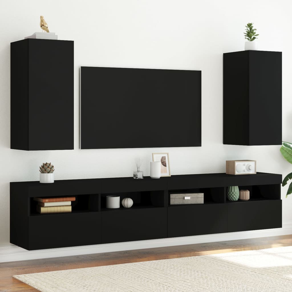 vidaXL Comode TV de perete cu lumini LED, 2 buc., negru, 30,5x35x70 cm