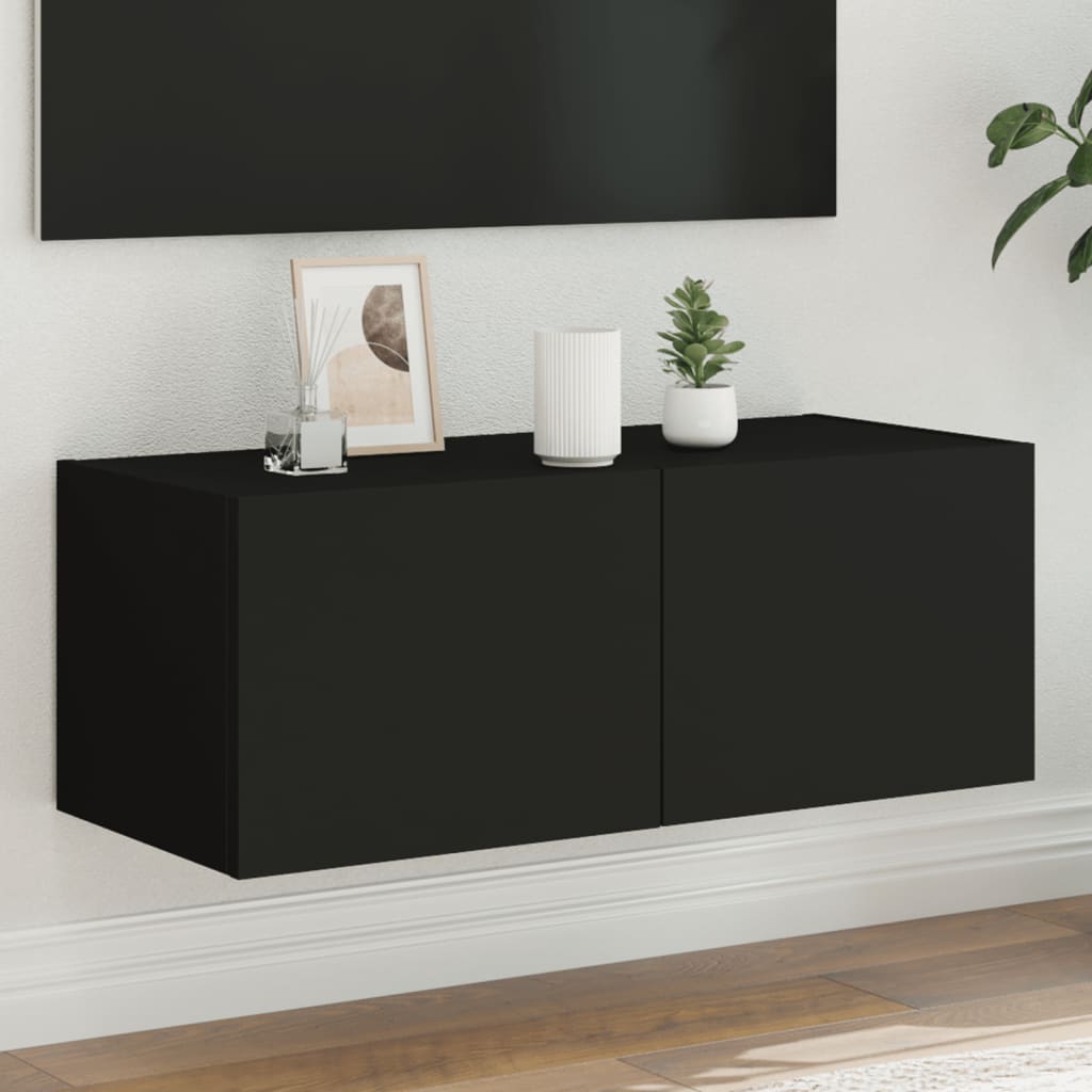 vidaXL Comodă TV de perete cu lumini LED, negru, 80x35x31 cm