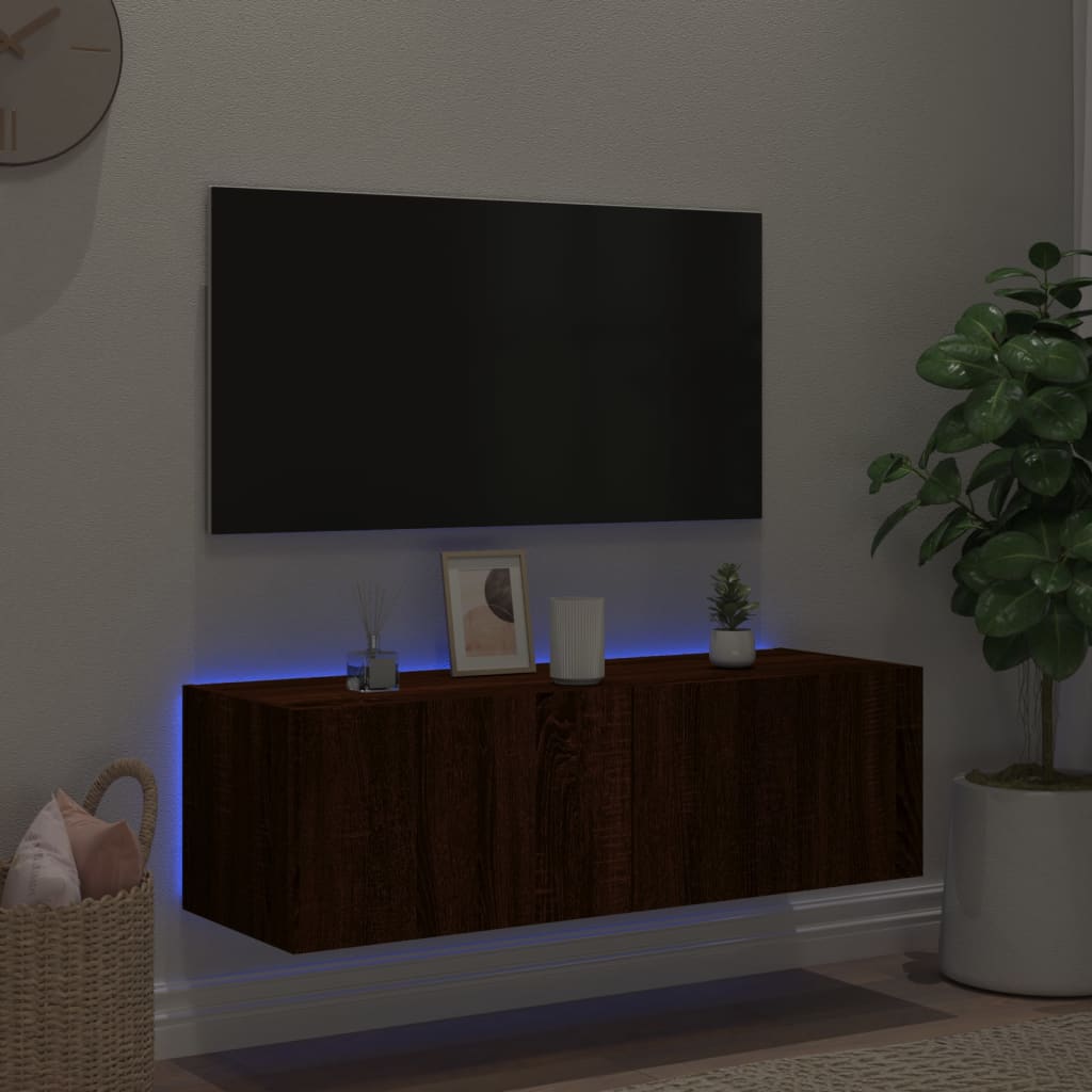 Comodă TV de perete cu lumini LED, stejar maro, 100x35x31 cm