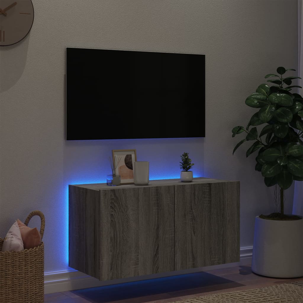 Comodă TV de perete cu lumini LED, gri sonoma, 80x35x41 cm