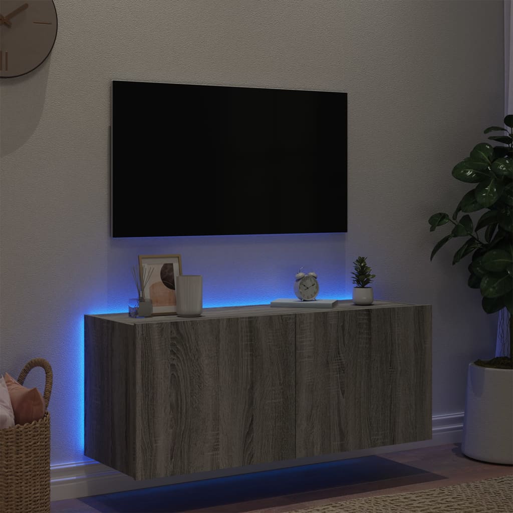 Comodă TV de perete cu lumini LED, gri sonoma, 100x35x41 cm