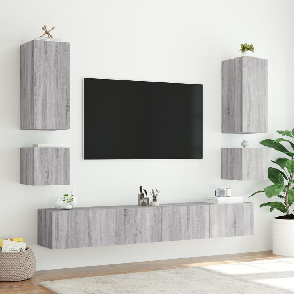 Comodă TV de perete cu lumini LED, gri sonoma, 100x35x41 cm