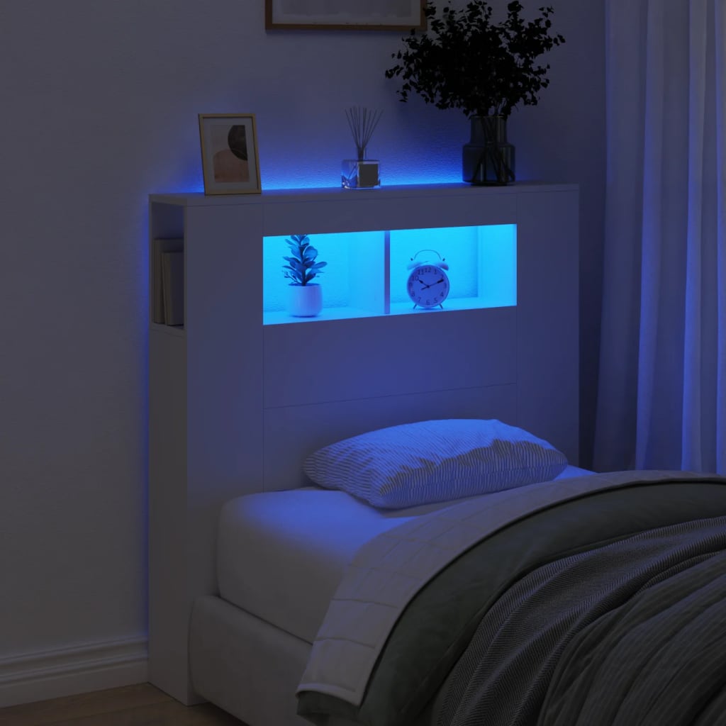 vidaXL Tăblie de pat cu LED, alb, 100x18,5x103,5 cm, lemn