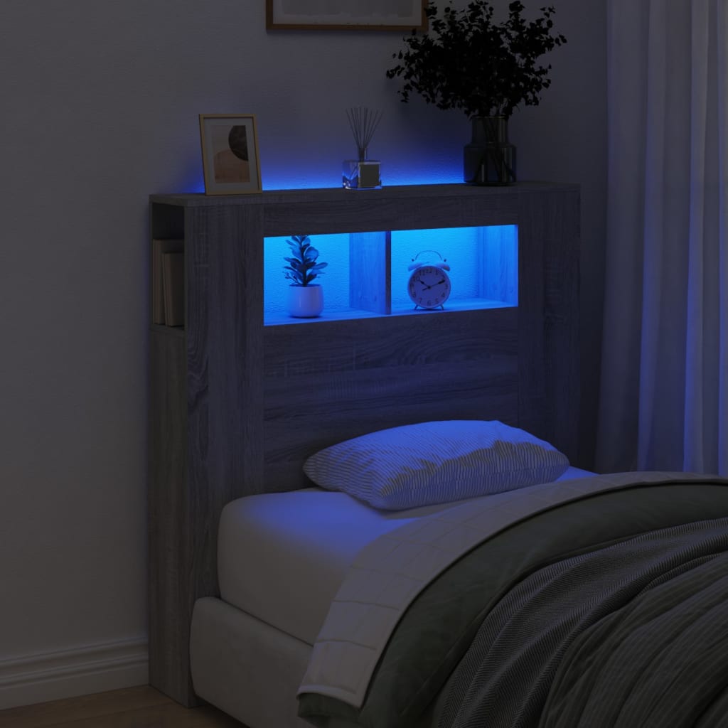 vidaXL Tăblie de pat cu LED, gri sonoma, 100x18,5x103,5 cm, lemn