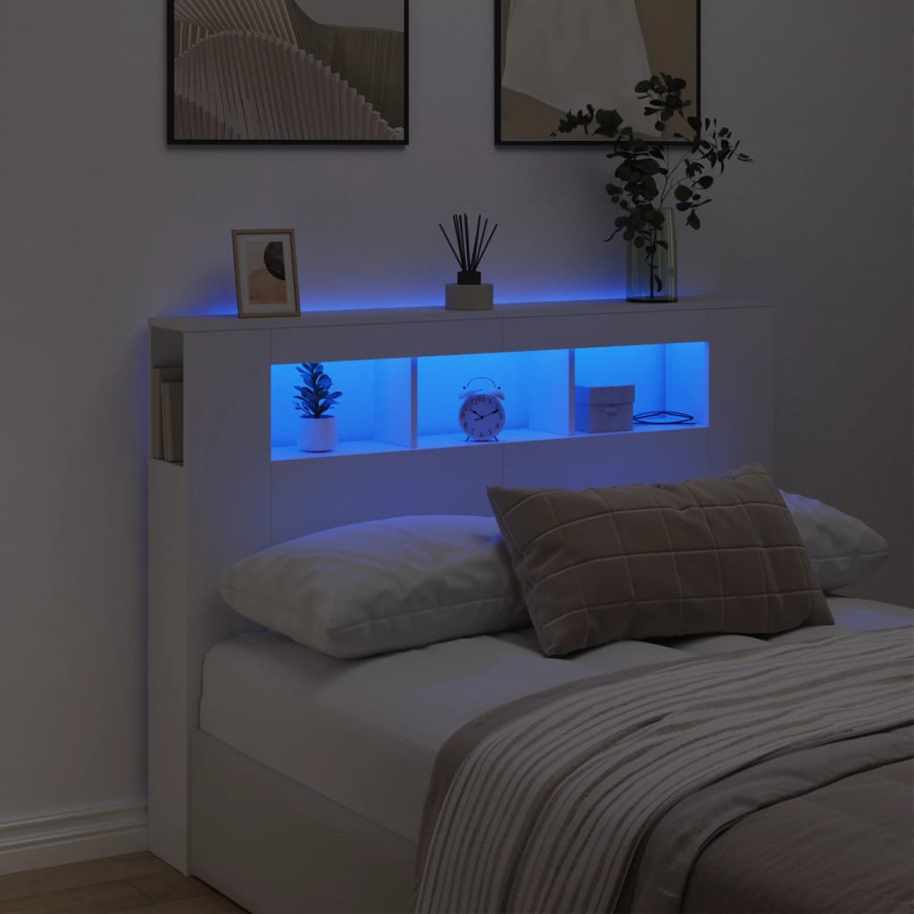 vidaXL Tăblie de pat cu LED, alb, 140x18,5x103,5 cm, lemn