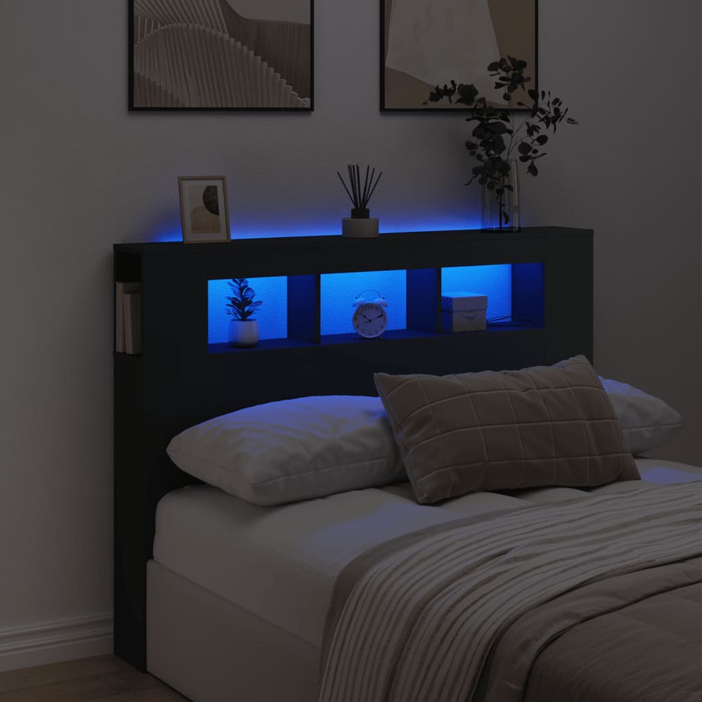 vidaXL Tăblie de pat cu LED, negru, 140x18,5x103,5 cm, lemn