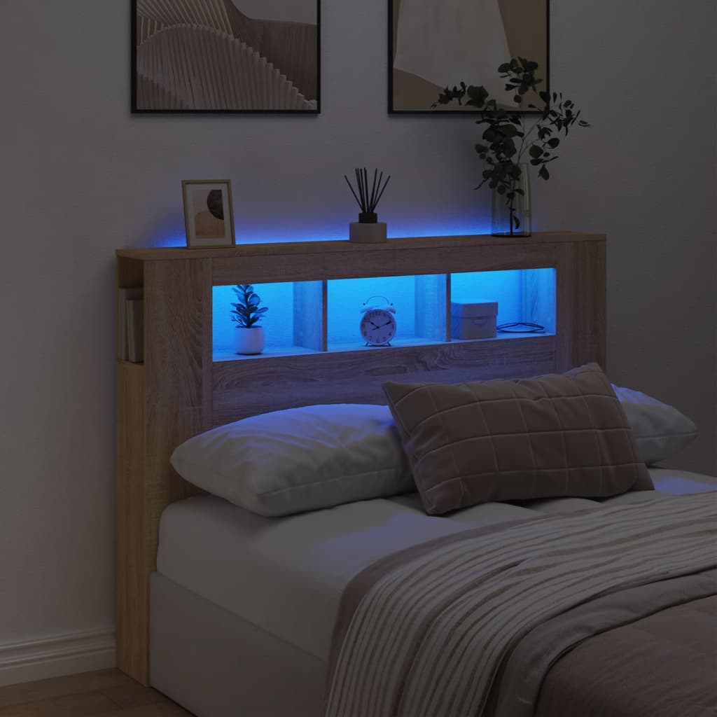 vidaXL Tăblie de pat cu LED, stejar sonoma, 140x18,5x103,5 cm, lemn