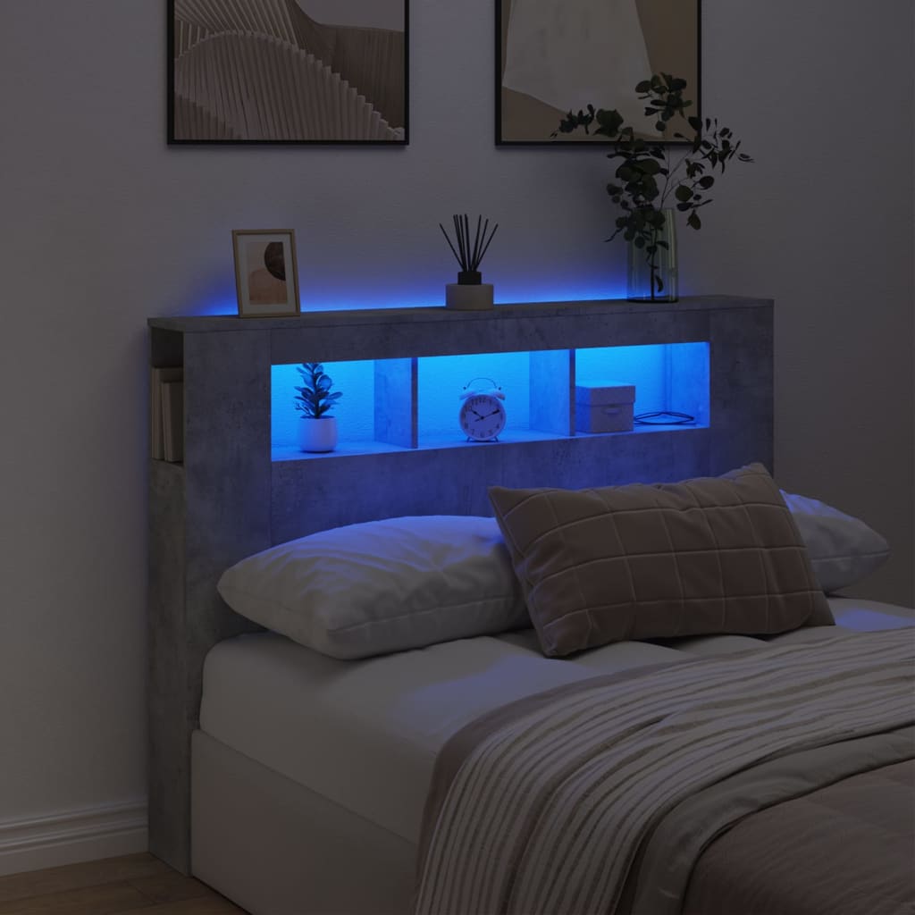vidaXL Tăblie de pat cu LED, gri beton, 140x18,5x103,5 cm, lemn