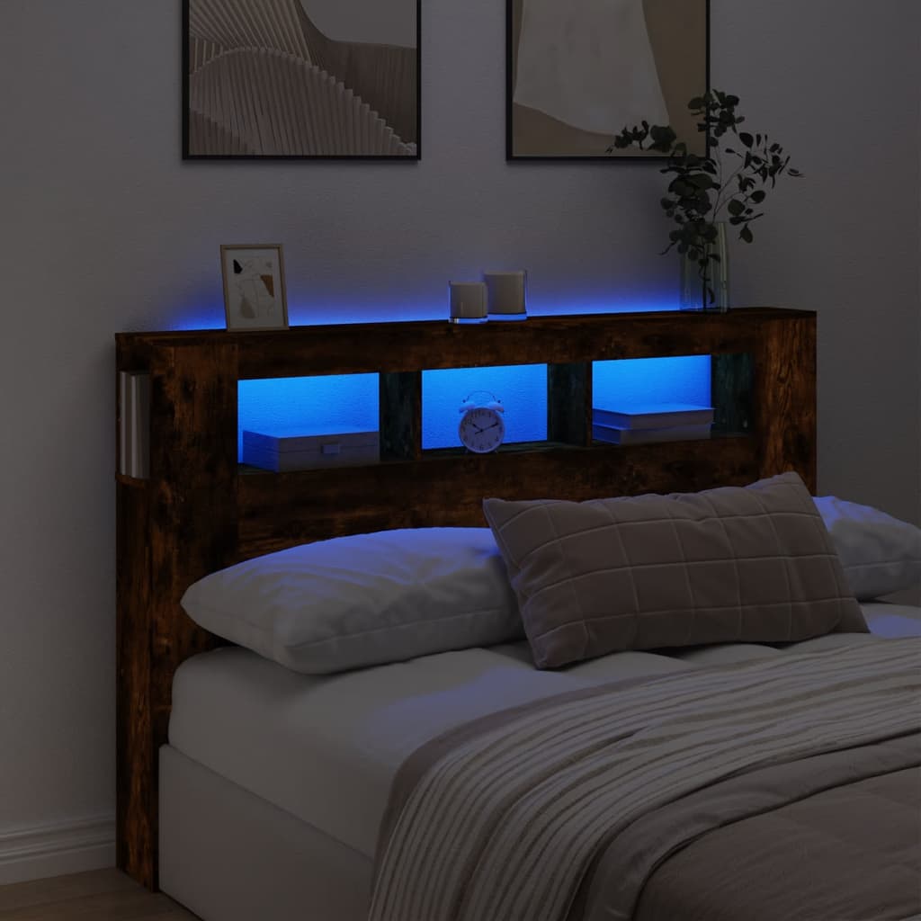vidaXL Tăblie de pat cu LED, stejar fumuriu, 160x18,5x103,5 cm, lemn