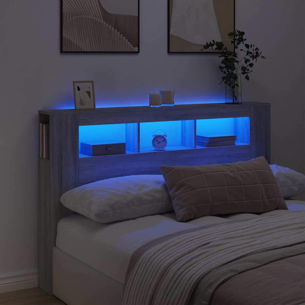 vidaXL Tăblie de pat cu LED, gri sonoma, 160x18,5x103,5 cm, lemn