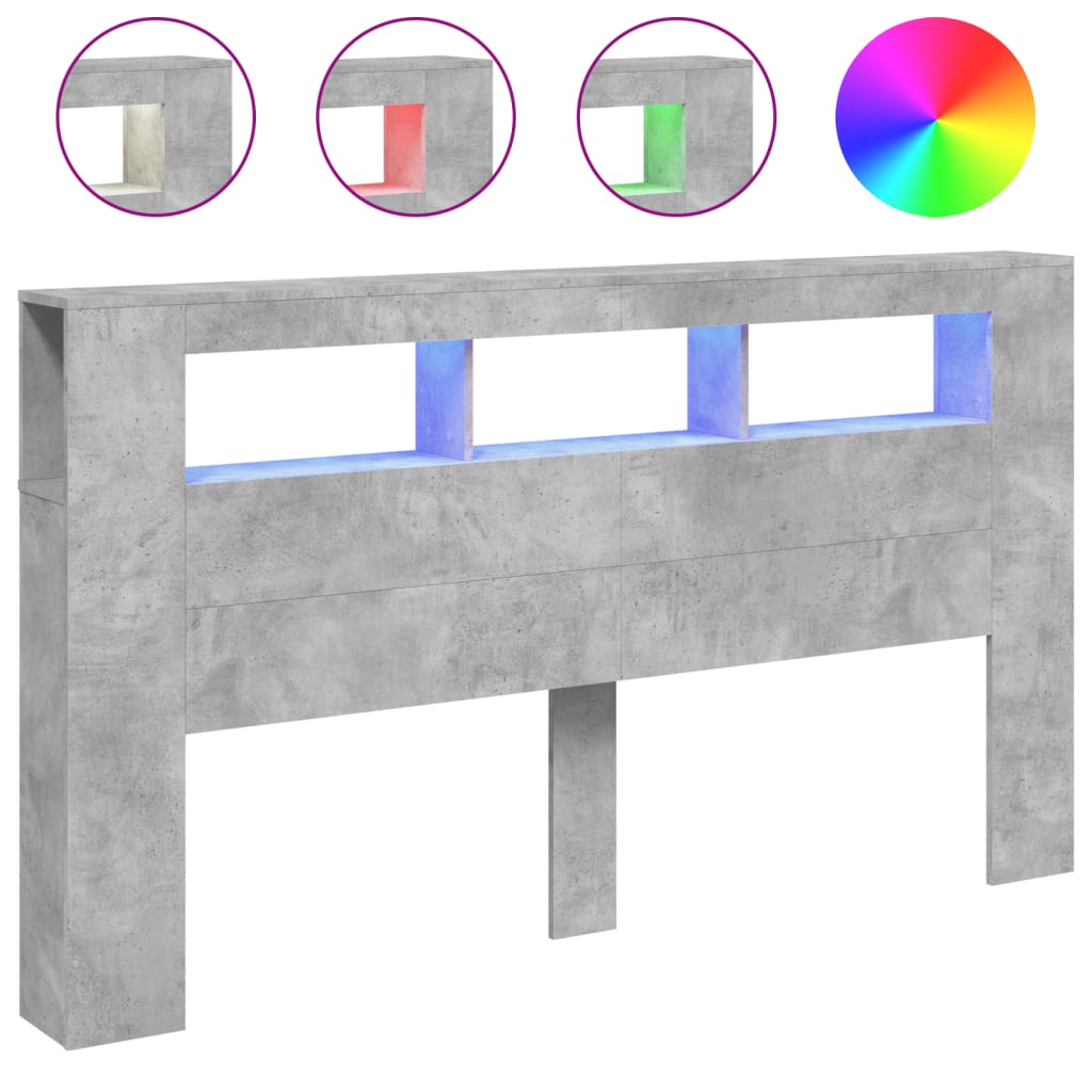 vidaXL Čelo postele s LED betonově šedé 180 x 18,5 x 103,5 cm kompozit