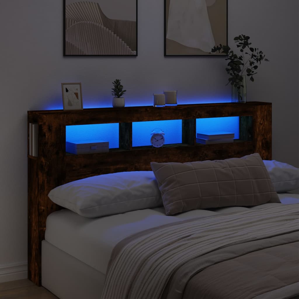vidaXL Tăblie de pat cu LED, stejar fumuriu, 180x18,5x103,5 cm, lemn