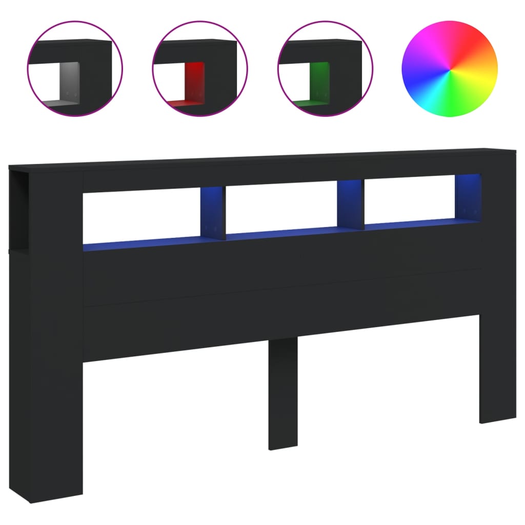 vidaXL Čelo postele s LED černé 200 x 18,5 x 103,5 cm kompozitní dřevo