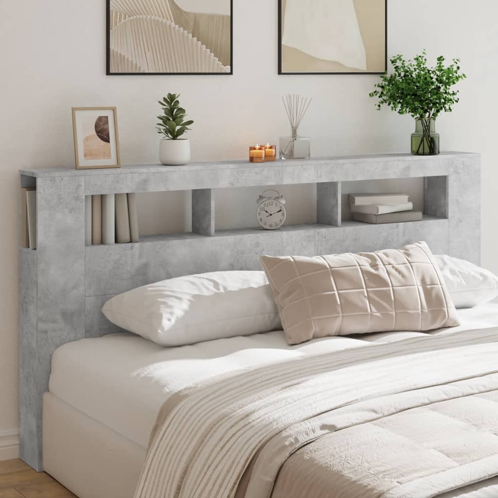 vidaXL Tăblie de pat cu LED, gri beton, 200x18,5x103,5 cm, lemn