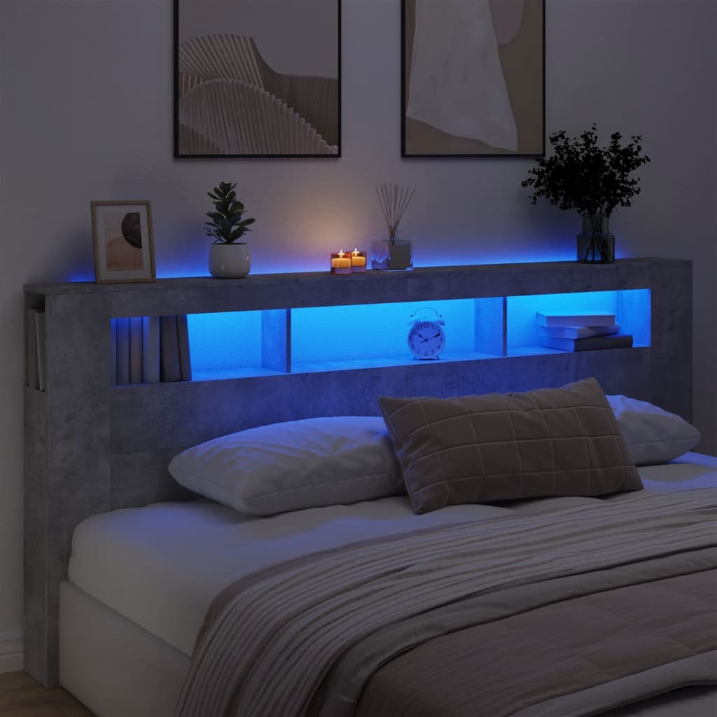 vidaXL Tăblie de pat cu LED, gri beton, 220x18,5x103,5 cm, lemn