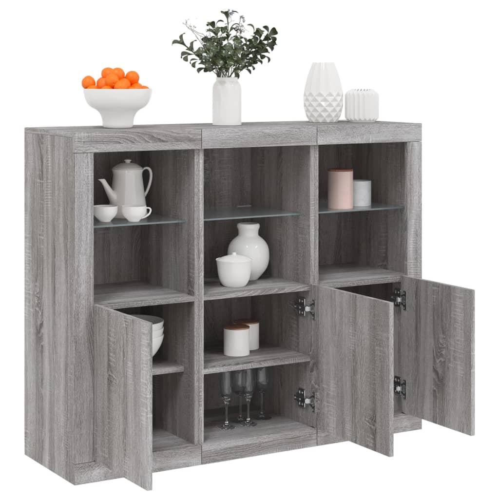 vidaXL Sideboards mit LED-Leuchten 3 Stk. Grau Sonoma Holzwerkstoff