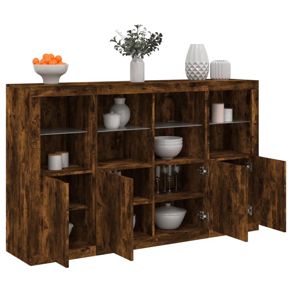 vidaXL Sideboards mit LED-Leuchten 3 Stk. Räuchereiche Holzwerkstoff