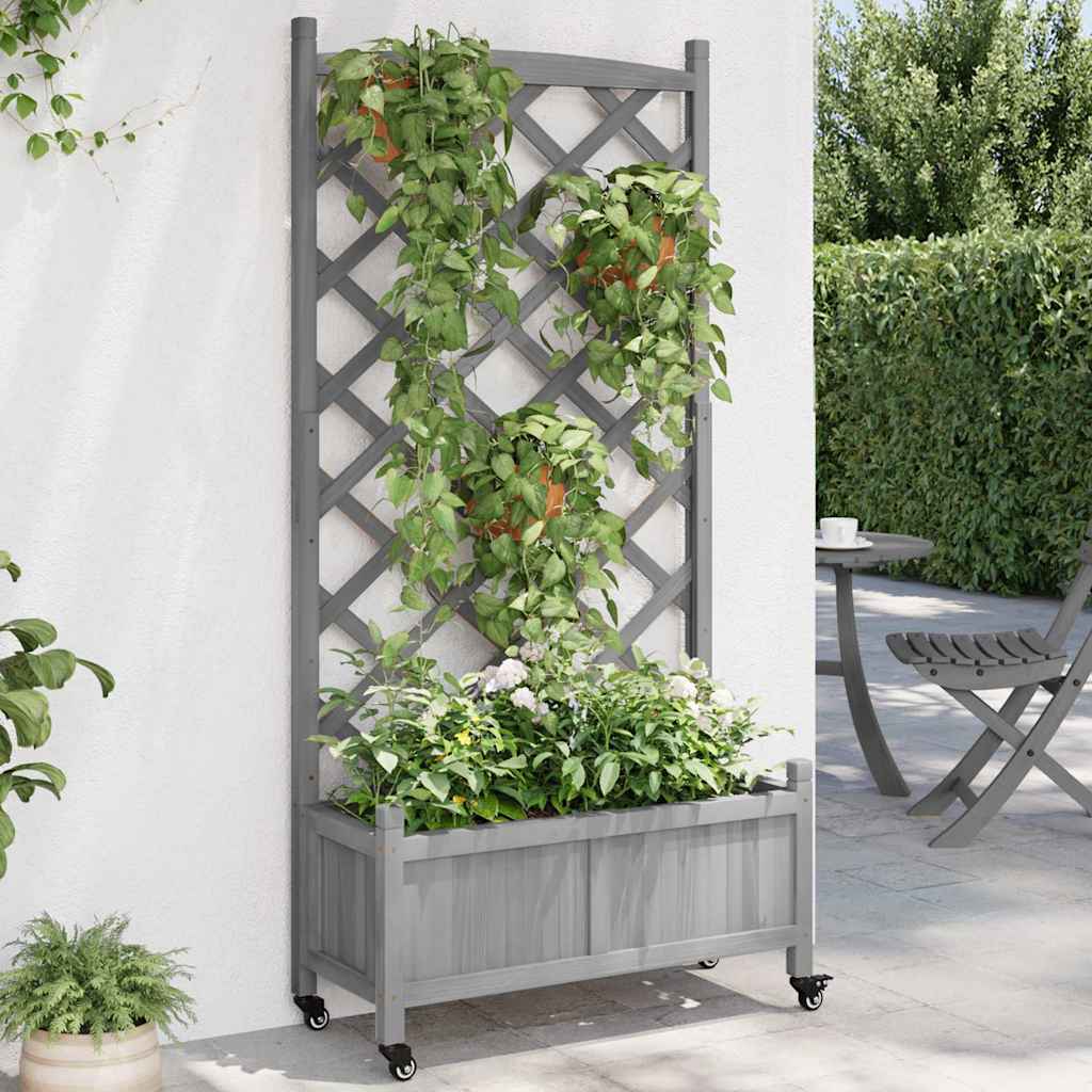 vidaXL plantekasse med espalier og hjul massivt fyrretræ grå