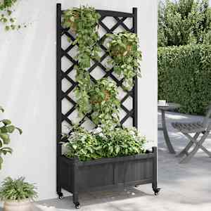 Cvetlično korito z mrežo in kolesi črne barve trden les jelke