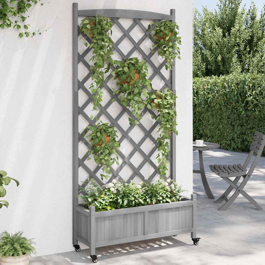 vidaXL plantekasse med espalier og hjul massivt fyrretræ grå