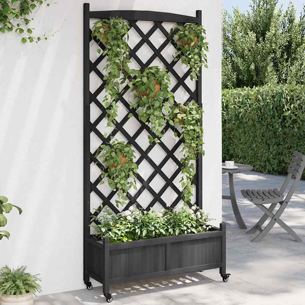 vidaXL plantekasse med espalier og hjul massivt fyrretræ sort