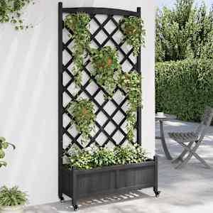 Cvetlično korito z mrežo in kolesi črne barve trden les jelke