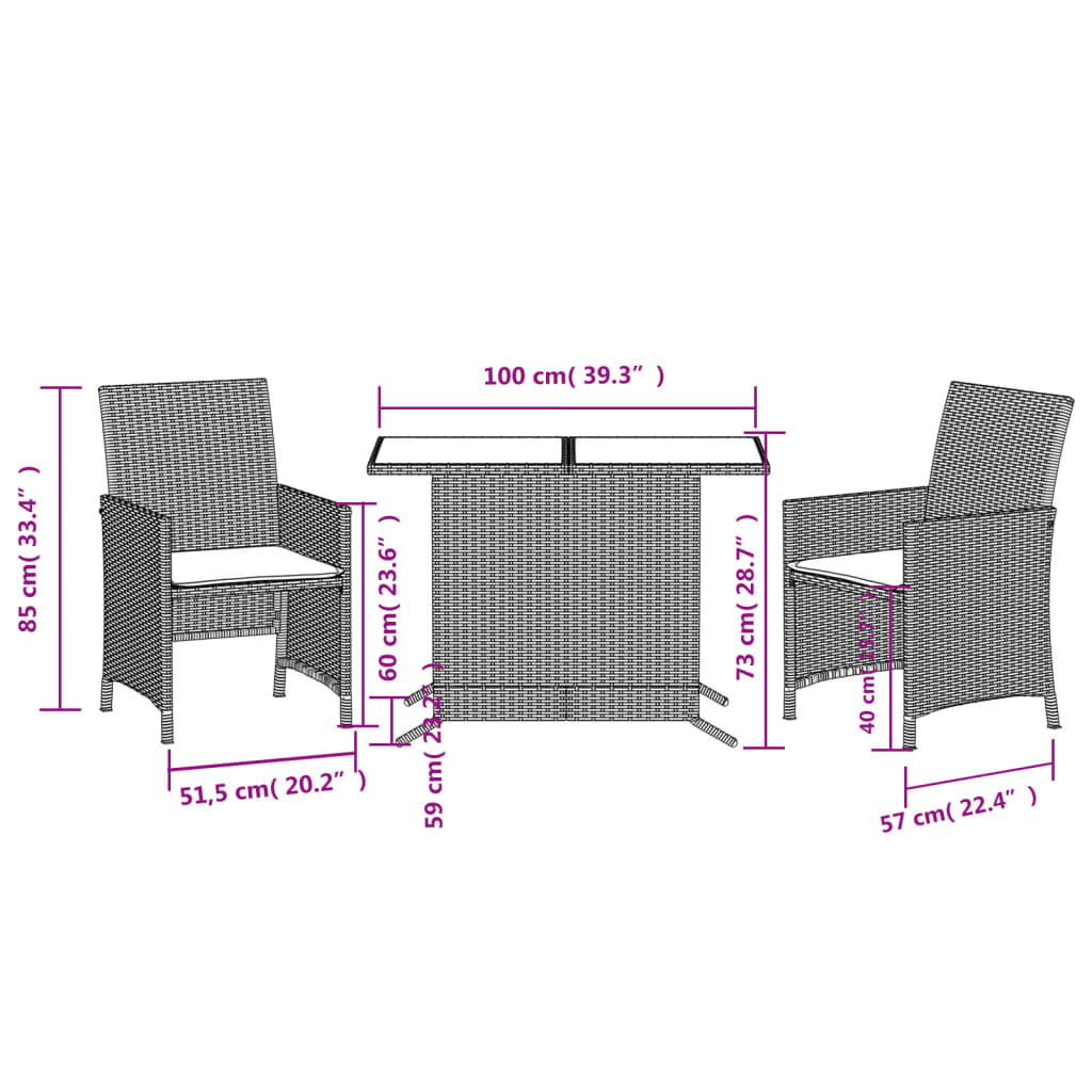 3dílný bistro set s poduškami černý polyratan - obrázek 14