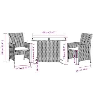 3dílný bistro set s poduškami hnědý polyratan - obrázek 14