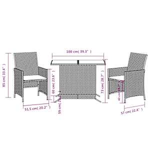 3dílný bistro set s poduškami šedý polyratan - obrázek 14