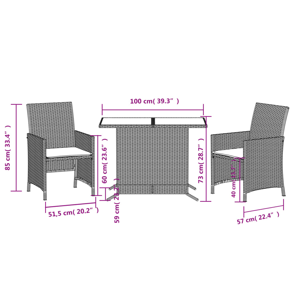 3dílný bistro set s poduškami mix béžové polyratan - obrázek 14